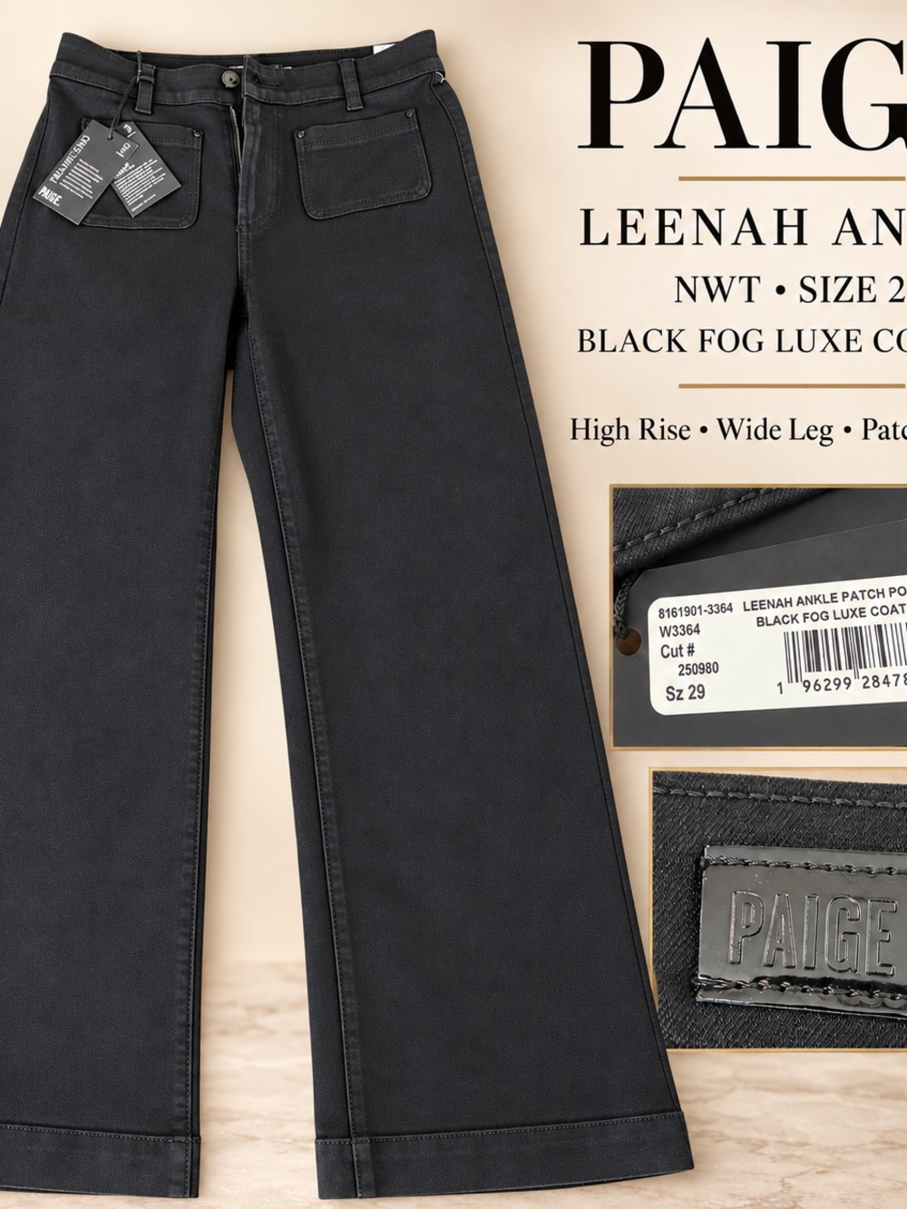 🖤 NWT PAIGE Leenah Ankle Patch Pocket Coated Jeans Black Fog Size 29 - Picture 8 of 8